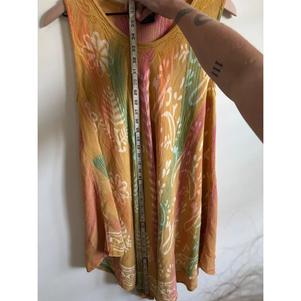 Rams Collection Batik Floral Tunic Top Yellow Pink Green Handkerchief Hem OS